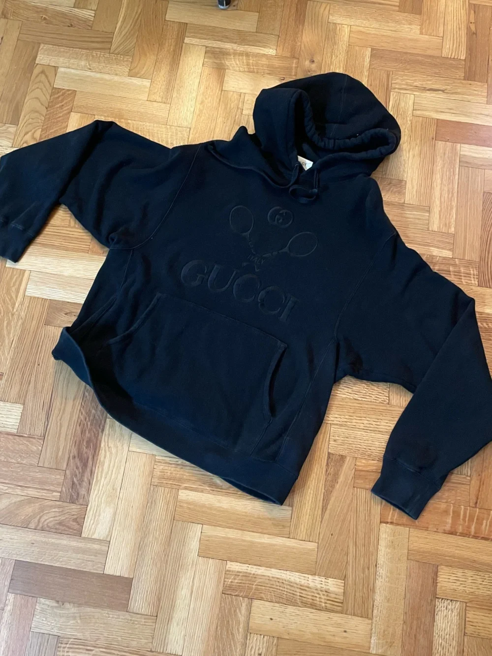 GUCCI~ 560502 Black Cotton Tennis Logo Embroidered Oversized Hoodie, XL